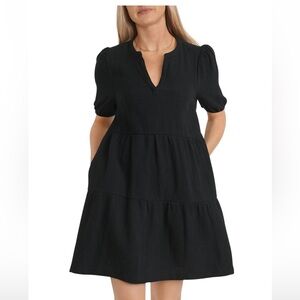 Marine Layer Black Puff Sleeve Tiered Mini Dress